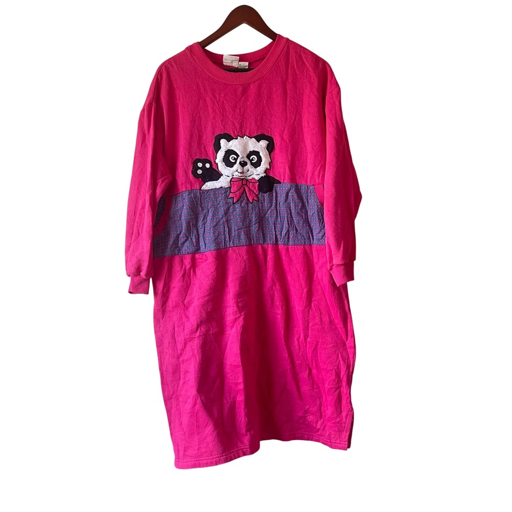 Vintage Basic Editions Hot‎ Pink Panda Applique Sweatshirt Dress Womens Large L